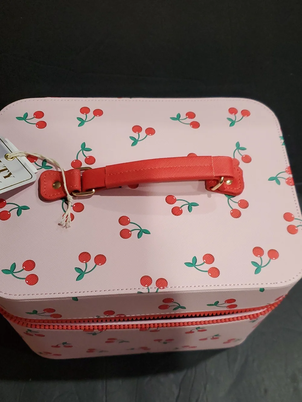 Cherry print pink makeup cosmetics large hard train case with cherry zip pull